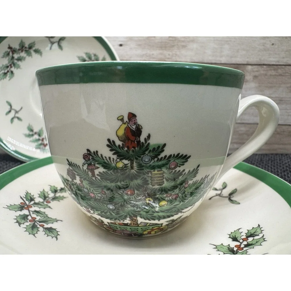 3 Pc Set Vintage Spode Christmas Tree Cup and Saucers S 3324 90's England